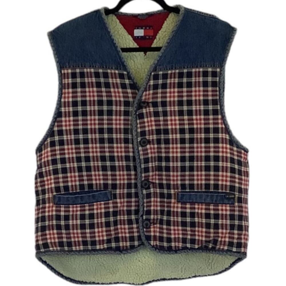 Vintage Tommy Jeans Sherpa Denim Vest Patchwork Plaid Big Logo Size‎ Large